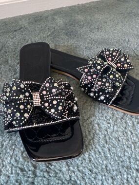 SHEIN Black Bow Slide Sandals with Iridescent Rhinestones